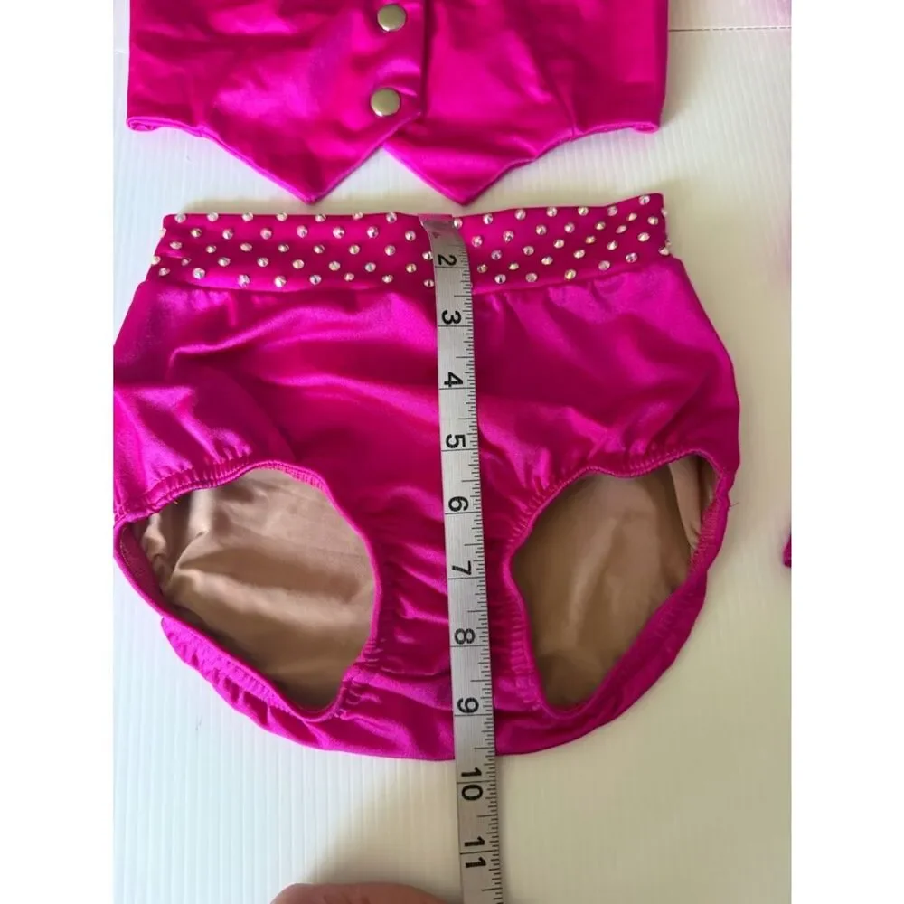 Kelle dance costume 2 piece hot pink vest briefs rhinestoned MC-Medium child